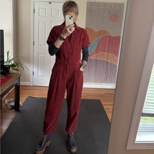 We The Free Burgundy Corduroy Jumpsuit with Short Sleeves
